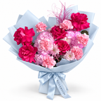 Raspberry Rush: fuchsia roses, pink hydrangea and pink carnations in blue wrapping