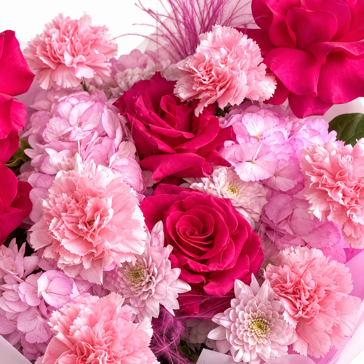 Raspberry Rush: close-up of fuchsia roses, pink hydrangea and pink carnations
