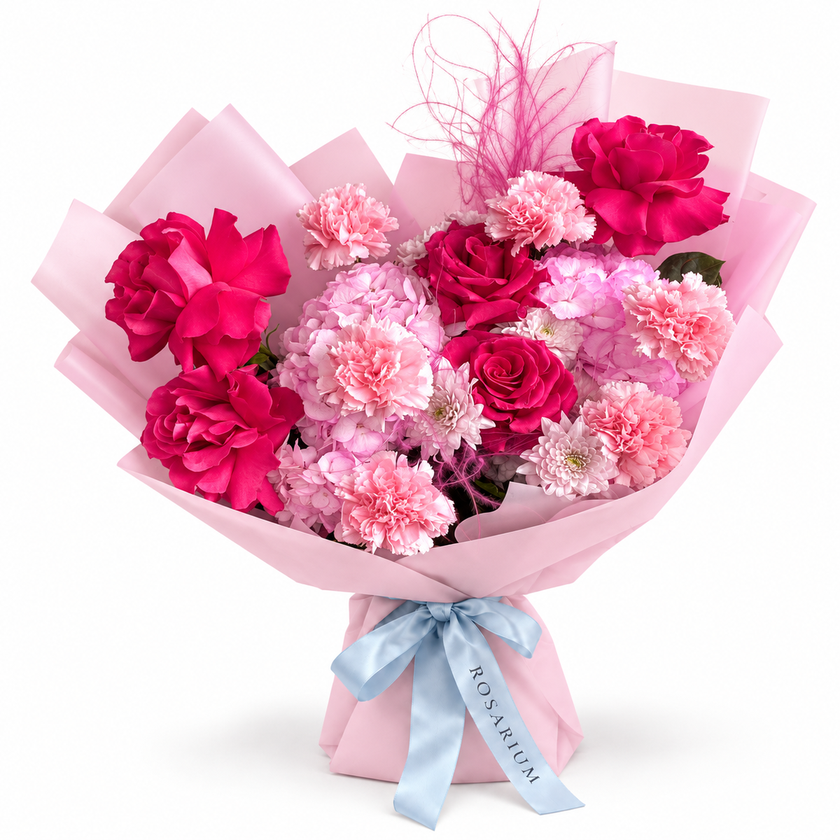 Raspberry Rush: fuchsia roses, pink hydrangea and pink carnations in light pink wrapping