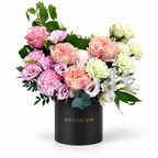 Rosita Ruffle: pink and peach roses with soft pink and white flowers in a black Rosarium flower box