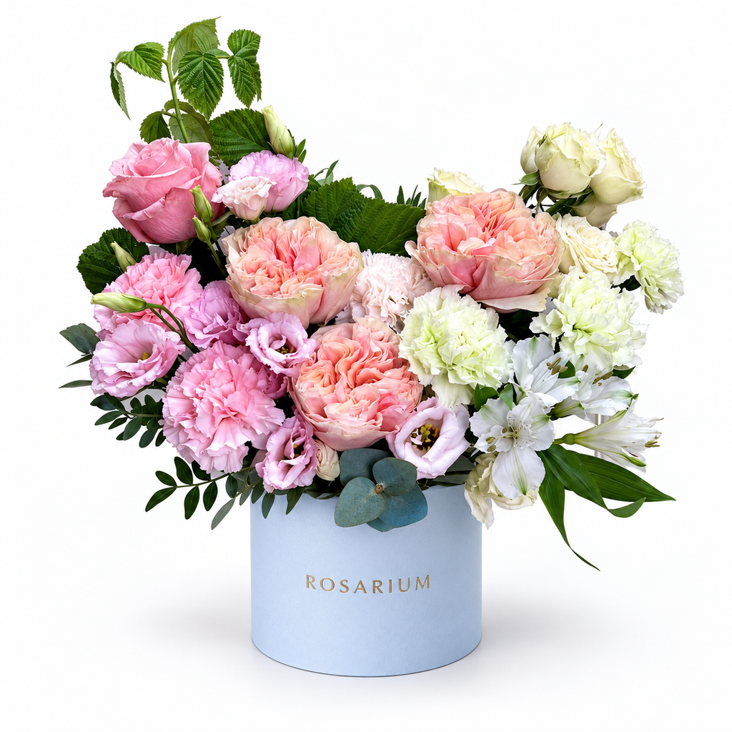 Rosita Ruffle: pink and peach roses with soft pink and white flowers in a blue Rosarium flower box