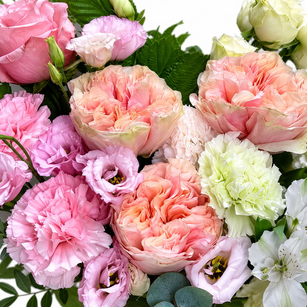 Rosita Ruffle: close-up of pink and peach roses with soft pink and white flowers