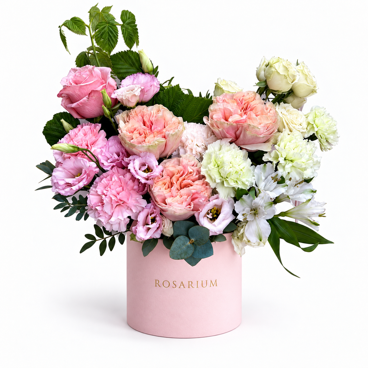 Rosita Ruffle: pink and peach roses with soft pink and white flowers in a light pink Rosarium flower box