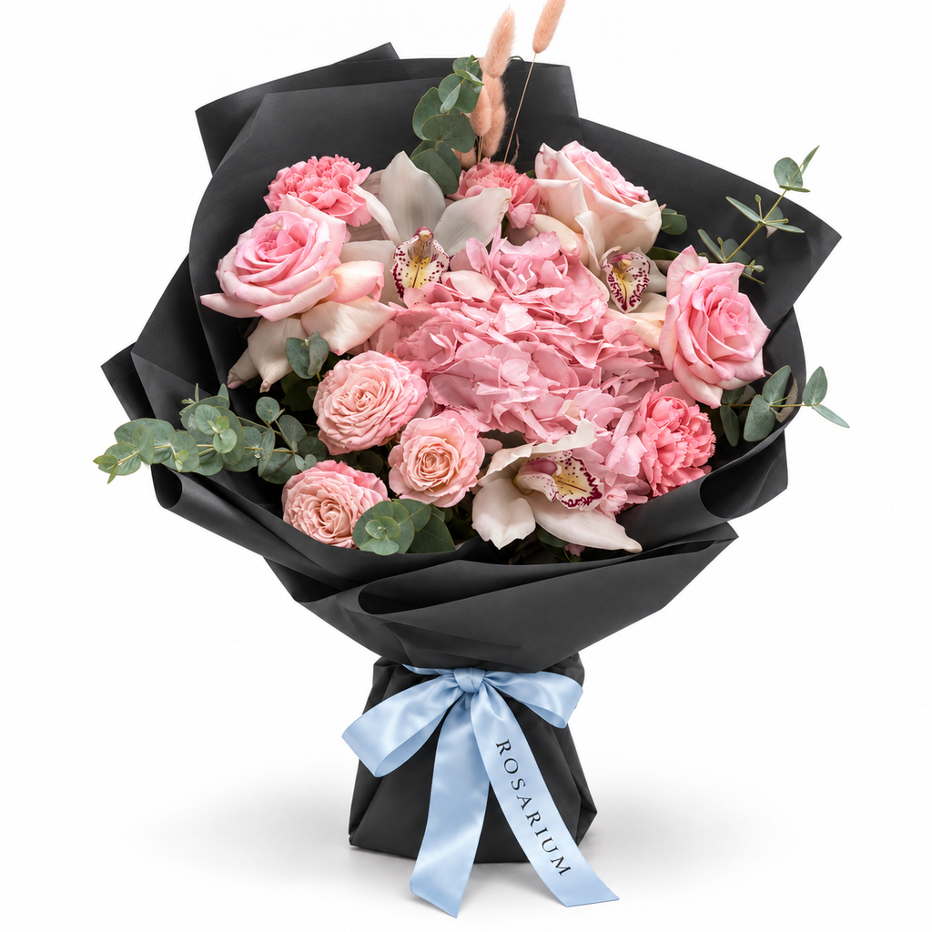 Sicily in Pink: pink hydrangea, pink roses and white orchids in black wrapping