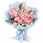 Sicily in Pink: pink hydrangea, pink roses and white orchids in blue wrapping