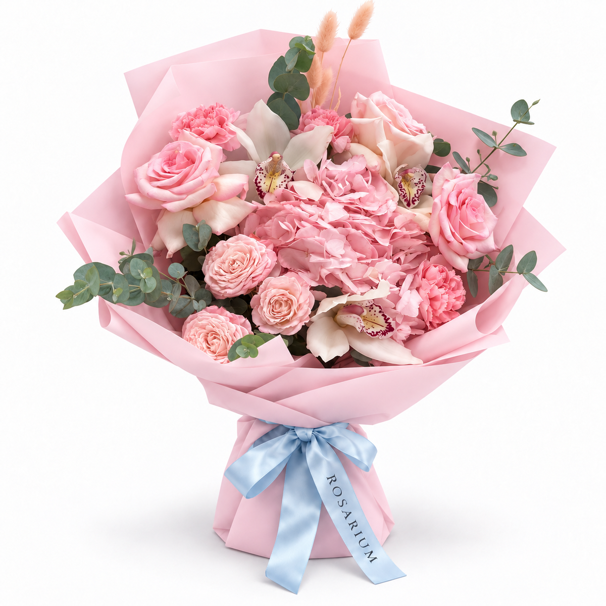 Sicily in Pink: pink hydrangea, pink roses and white orchids in light pink wrapping