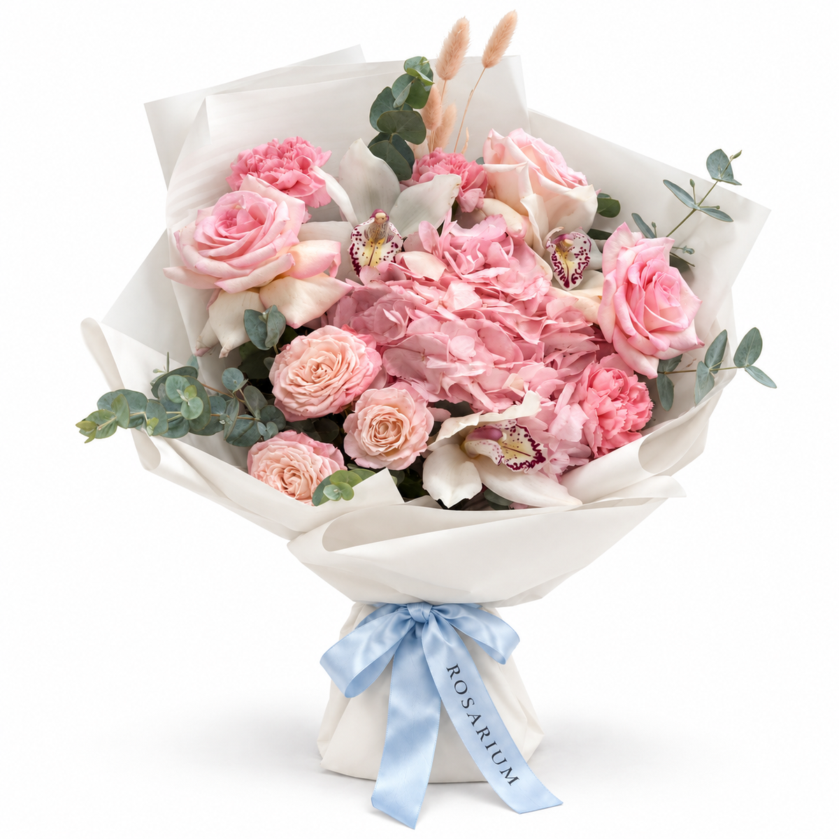 Sicily in Pink: pink hydrangea, pink roses and white orchids in off-white wrapping
