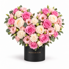 Soft-Hearted: pink and ivory roses, cream carnations and greenery in a black Rosarium flower box