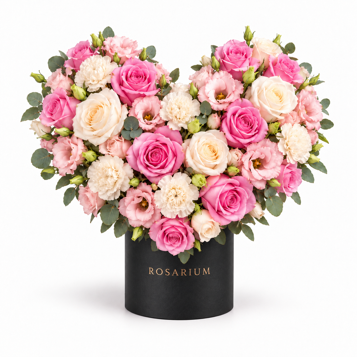 Soft-Hearted: pink and ivory roses, cream carnations and greenery in a black Rosarium flower box