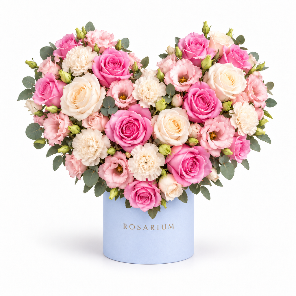 Soft-Hearted: pink and ivory roses, cream carnations and greenery in a blue Rosarium flower box