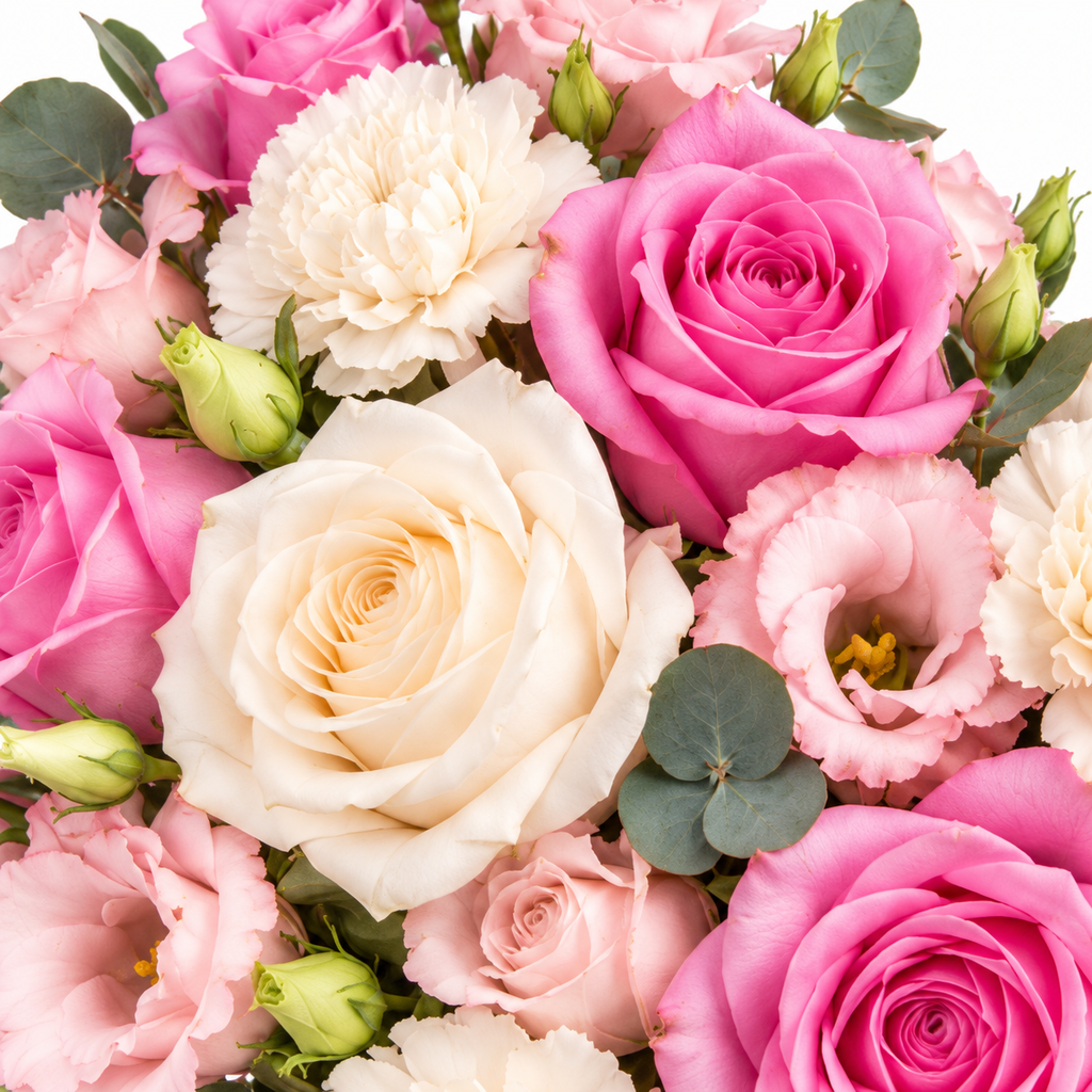 Soft-Hearted: close-up of pink and ivory roses, cream carnations and greenery