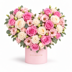 Soft-Hearted: pink and ivory roses, cream carnations and greenery in a light pink Rosarium flower box