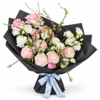 Soft-Spoken Romance: pink roses, white flowers and green branches in black wrapping