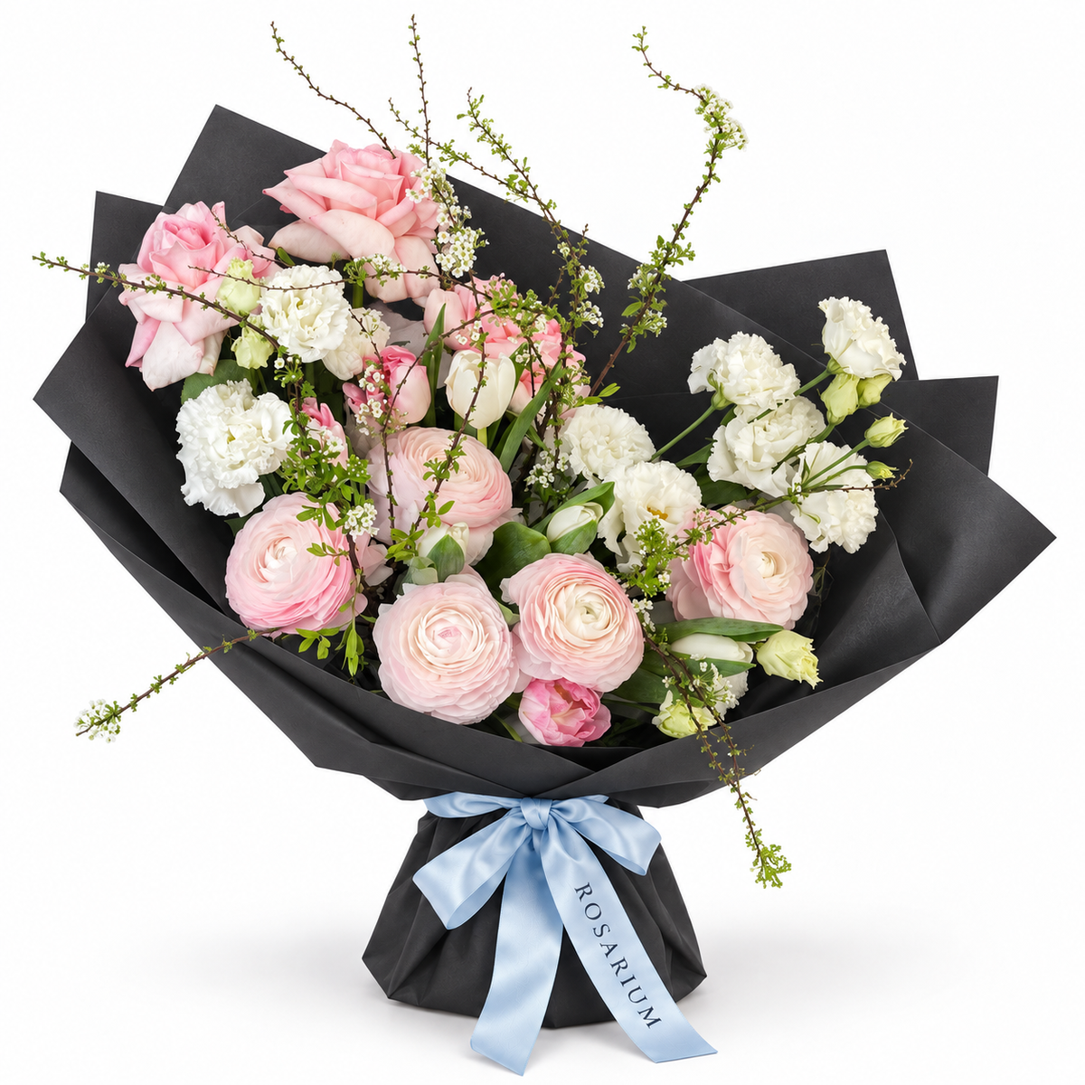 Soft-Spoken Romance: pink roses, white flowers and green branches in black wrapping