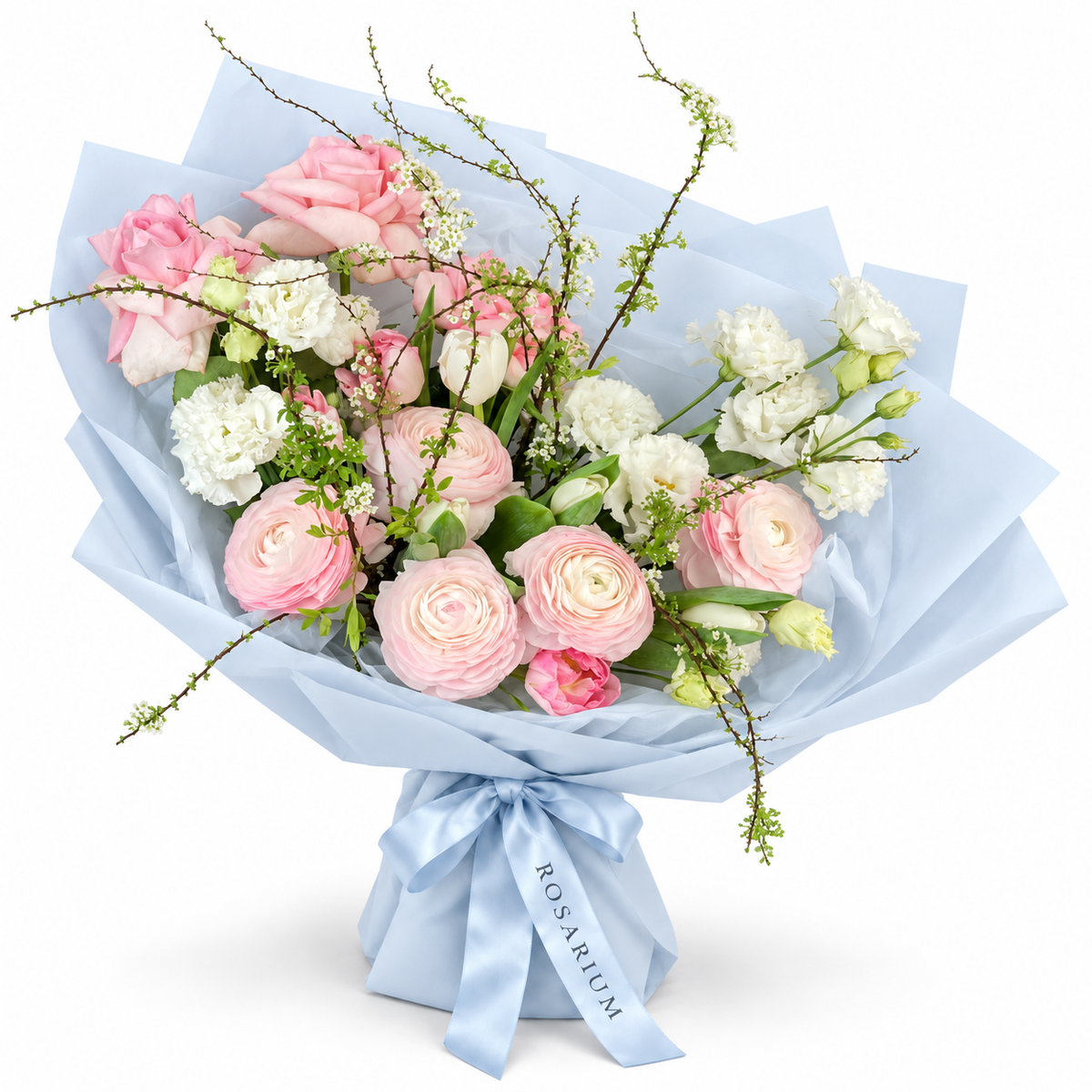 Soft-Spoken Romance: pink roses, white flowers and green branches in blue wrapping