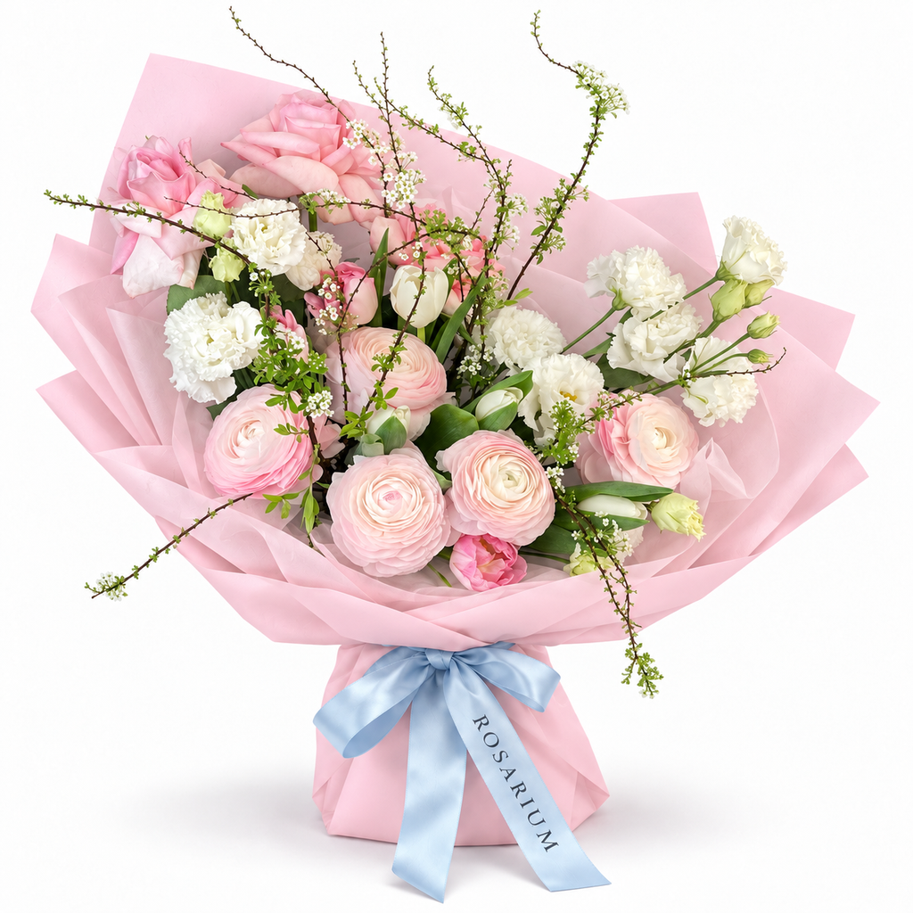 Soft-Spoken Romance: pink roses, white flowers and green branches in light pink wrapping