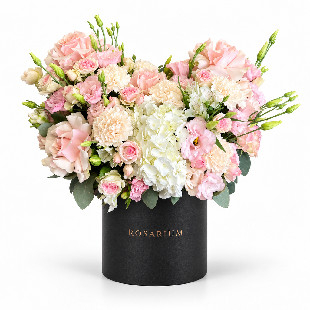 Sugar-Hearted: pink roses and cream flowers arranged as a heart in a black Rosarium flower box