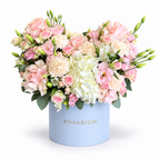 Sugar-Hearted: pink roses and cream flowers arranged as a heart in a blue Rosarium flower box