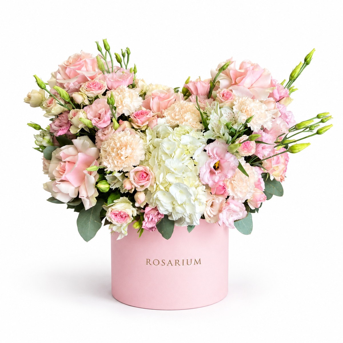 Sugar-Hearted: pink roses and cream flowers arranged as a heart in a light pink Rosarium flower box