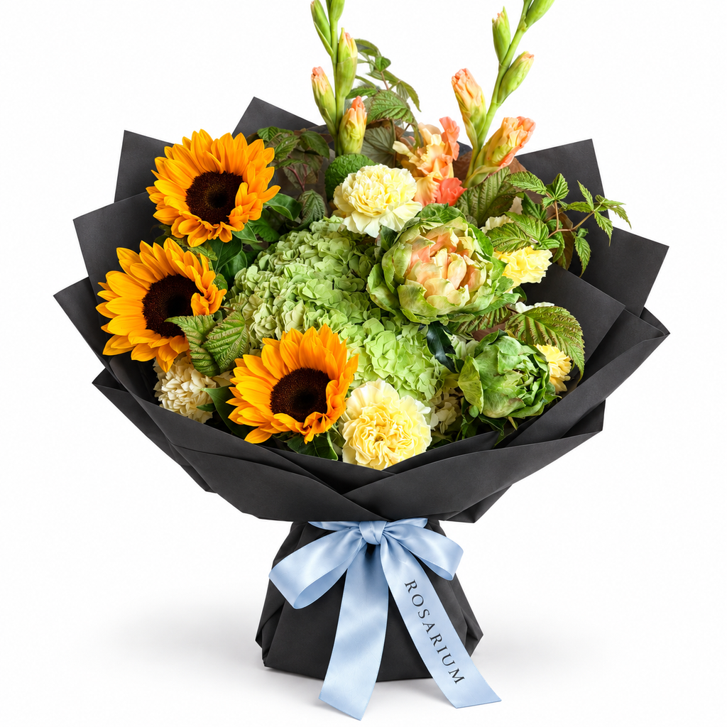 Sunshine Chorus: sunflowers, green hydrangea and cream flowers in black wrapping