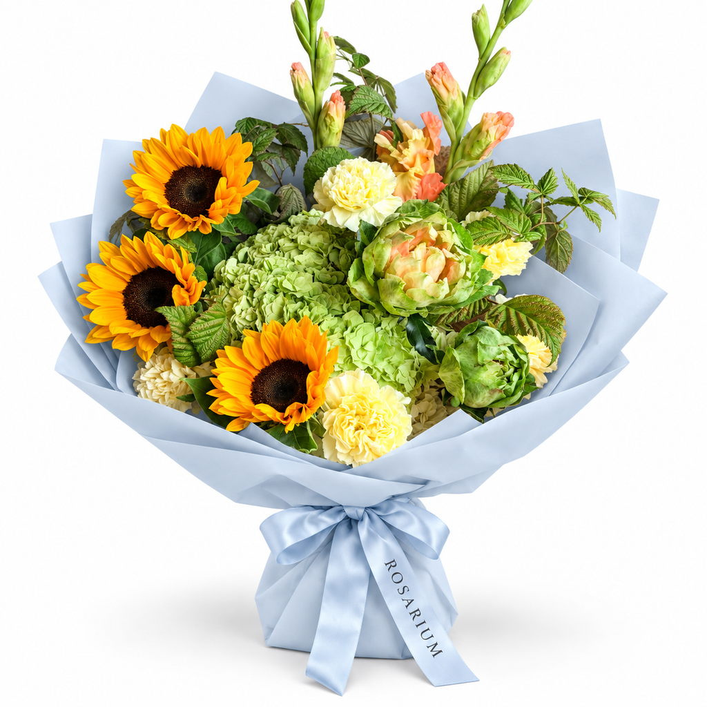 Sunshine Chorus: sunflowers, green hydrangea and cream flowers in blue wrapping