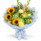 Sunshine Chorus: sunflowers, green hydrangea and cream flowers in blue wrapping