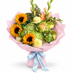 Sunshine Chorus: sunflowers, green hydrangea and cream flowers in light pink wrapping