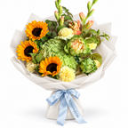 Sunshine Chorus: sunflowers, green hydrangea and cream flowers in off-white wrapping
