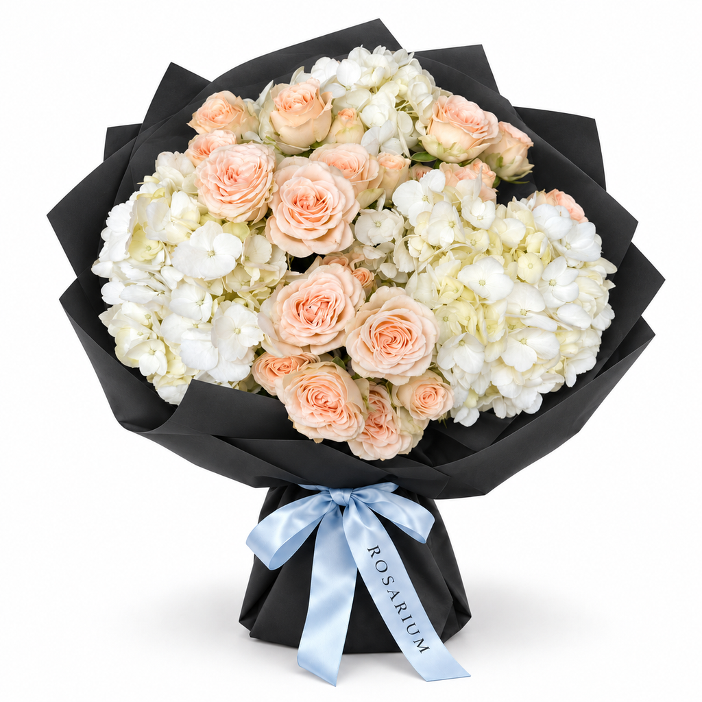 Tender, Always: peach garden roses and white hydrangea in black wrapping