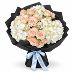 Tender, Always: peach garden roses and white hydrangea in black wrapping