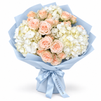 Tender, Always: peach garden roses and white hydrangea in blue wrapping