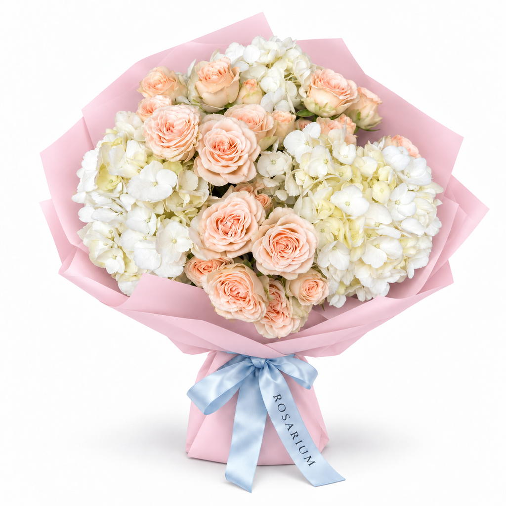 Tender, Always: peach garden roses and white hydrangea in light pink wrapping
