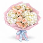 Tender, Always: peach garden roses and white hydrangea in light pink wrapping