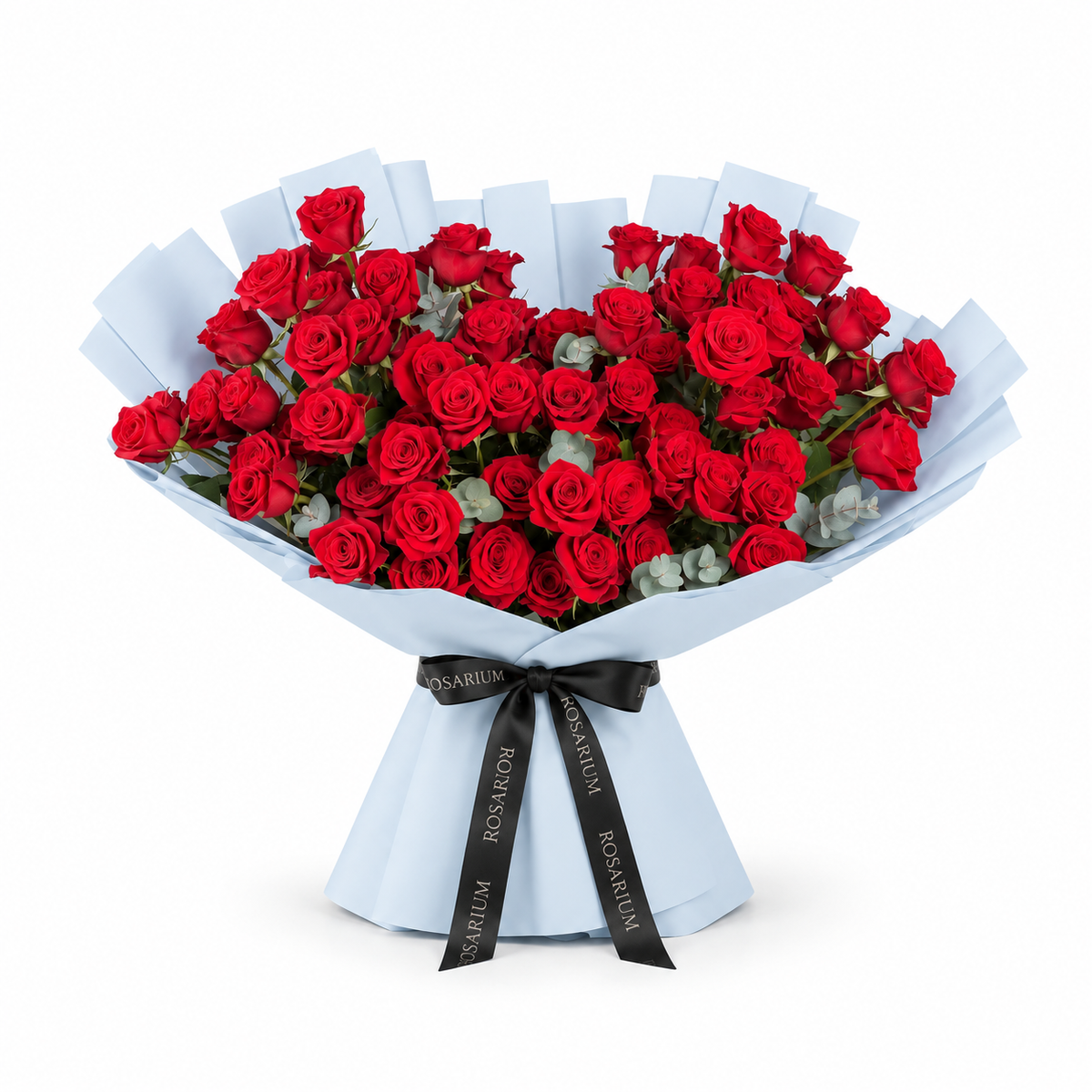 Red roses and eucalyptus in blue wrapping with a Rosarium ribbon