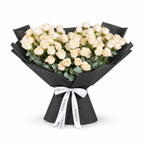 White roses and eucalyptus in black wrapping with a Rosarium ribbon