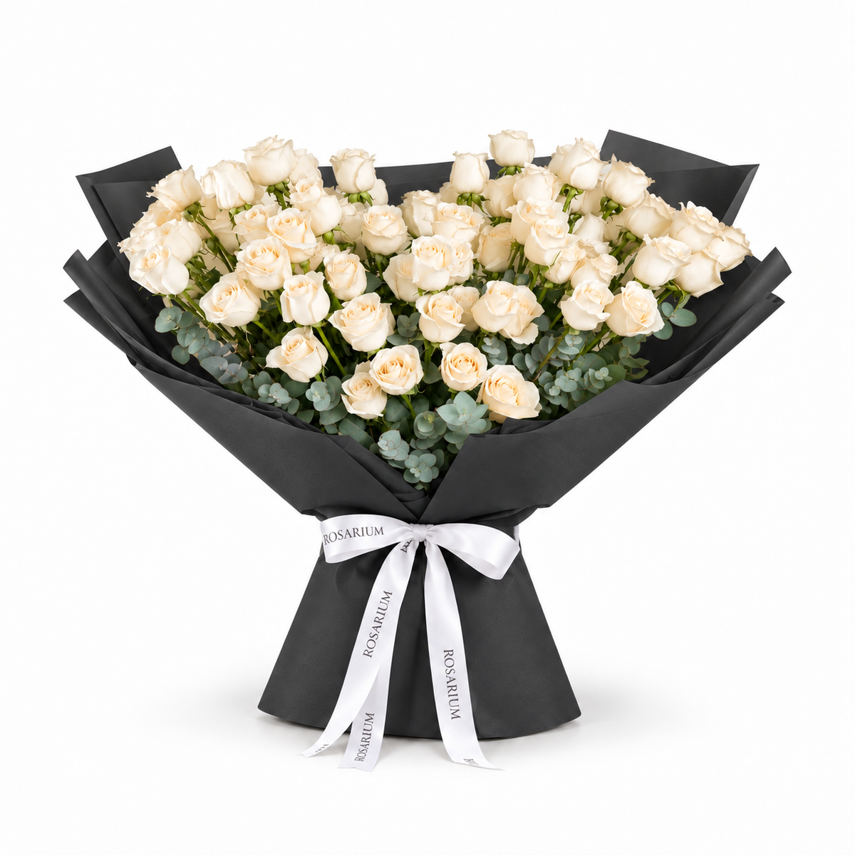White roses and eucalyptus in black wrapping with a Rosarium ribbon