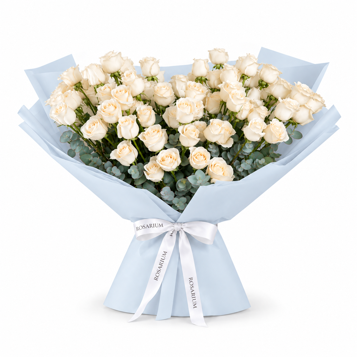 White roses and eucalyptus in blue wrapping with a Rosarium ribbon