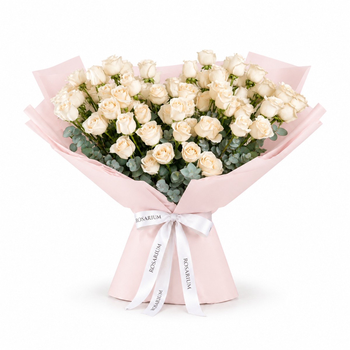 White roses and eucalyptus in light pink wrapping with a Rosarium ribbon