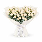 White roses and eucalyptus in off-white wrapping with a Rosarium ribbon