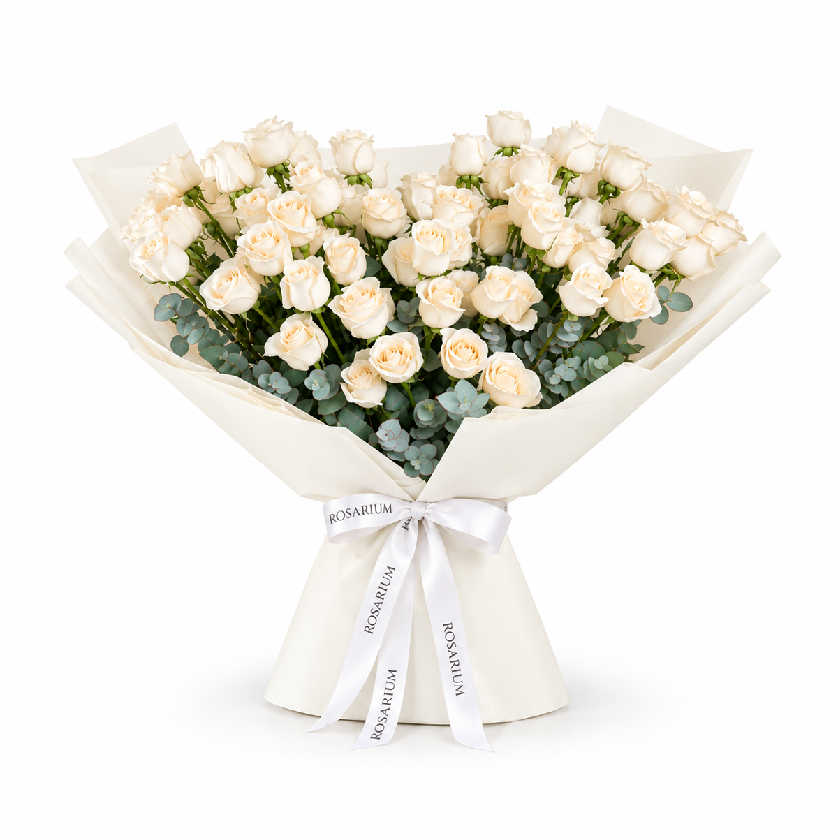 White roses and eucalyptus in off-white wrapping with a Rosarium ribbon