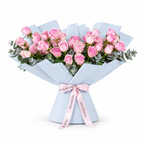Wide bouquet of pink roses and eucalyptus in blue wrapping with a Rosarium ribbon