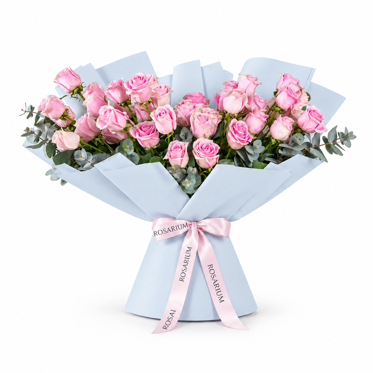 Wide bouquet of pink roses and eucalyptus in blue wrapping with a Rosarium ribbon