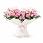 Wide bouquet of pink roses and eucalyptus in off-white wrapping with a Rosarium ribbon