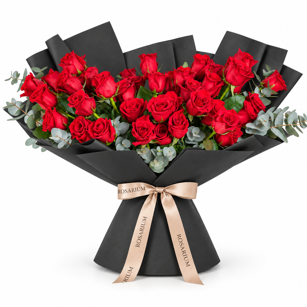 Wide bouquet of red roses and eucalyptus in black wrapping with a Rosarium ribbon