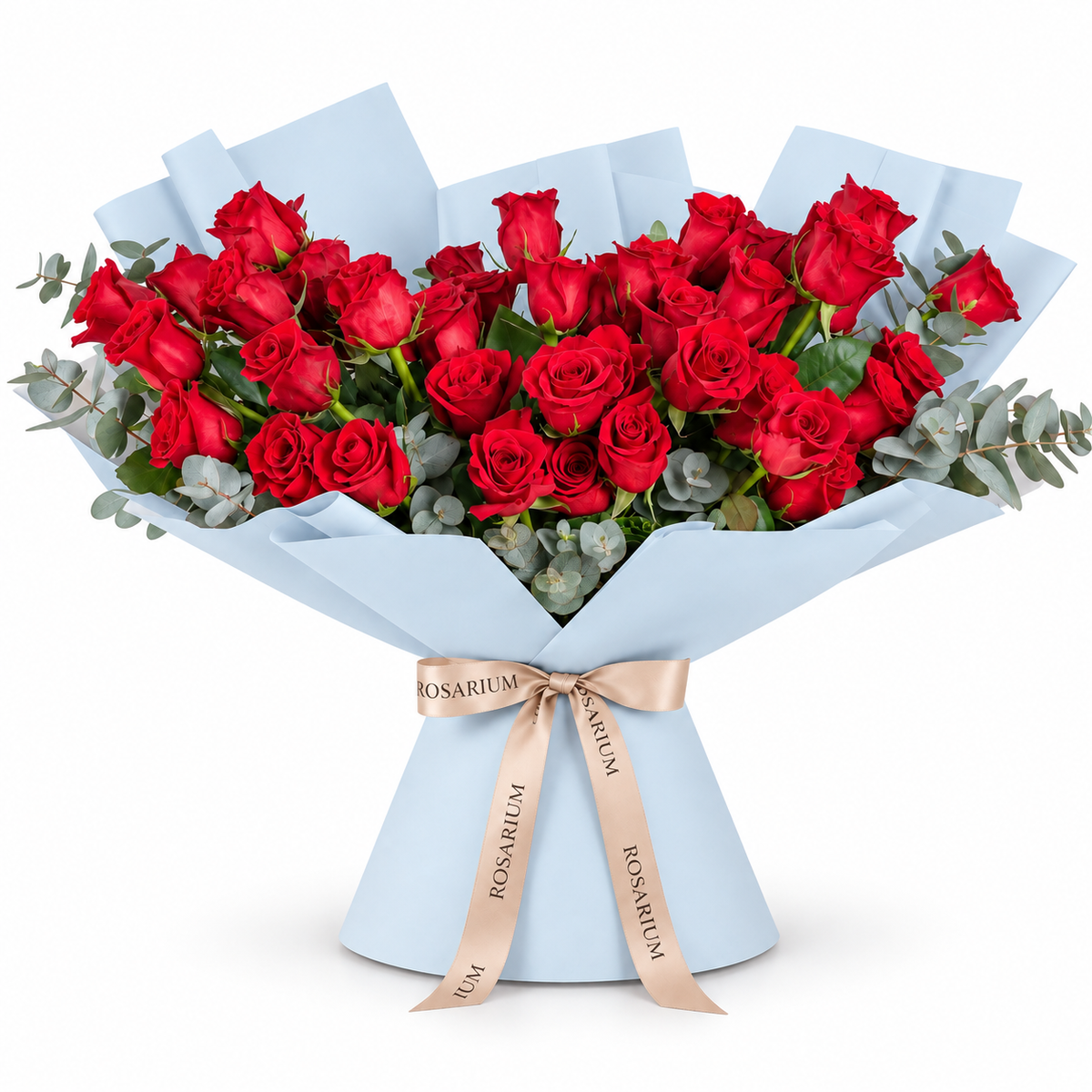 Wide bouquet of red roses and eucalyptus in blue wrapping with a Rosarium ribbon