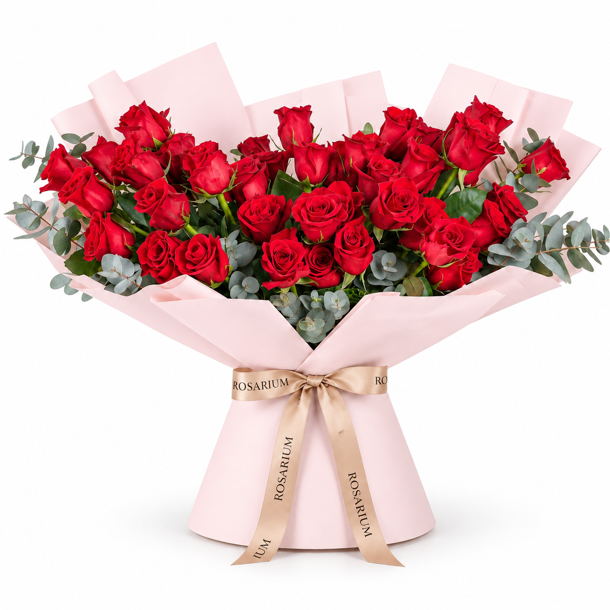 Wide bouquet of red roses and eucalyptus in light pink wrapping with a Rosarium ribbon