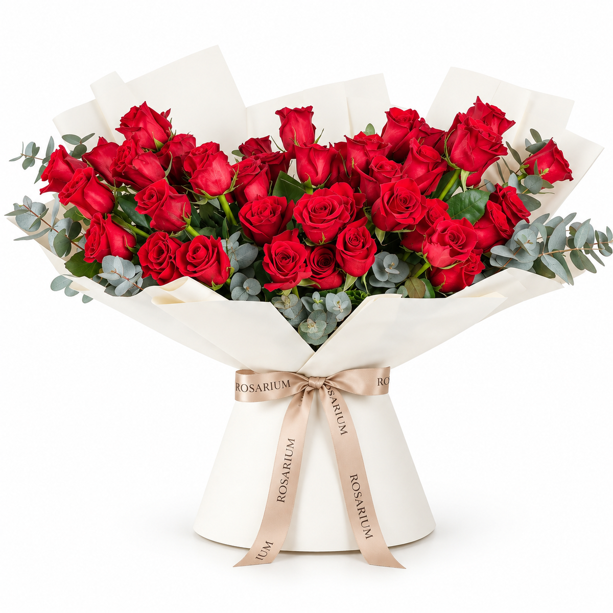Wide bouquet of red roses and eucalyptus in off-white wrapping with a Rosarium ribbon