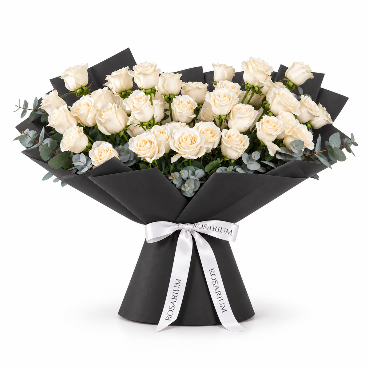 Wide bouquet of white roses and eucalyptus in black wrapping with a Rosarium ribbon