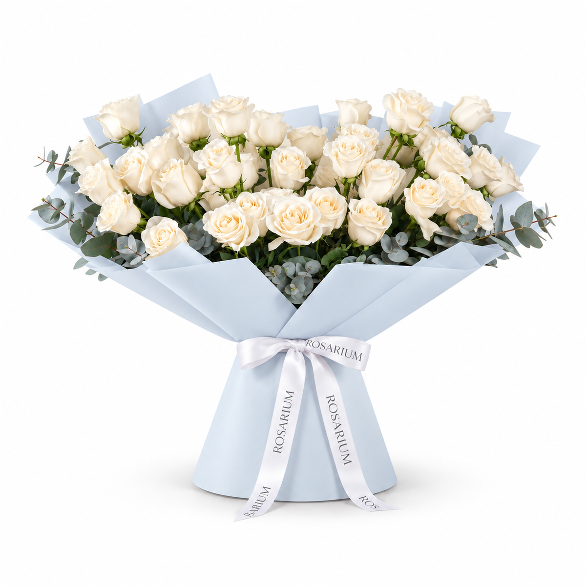 Wide bouquet of white roses and eucalyptus in blue wrapping with a Rosarium ribbon