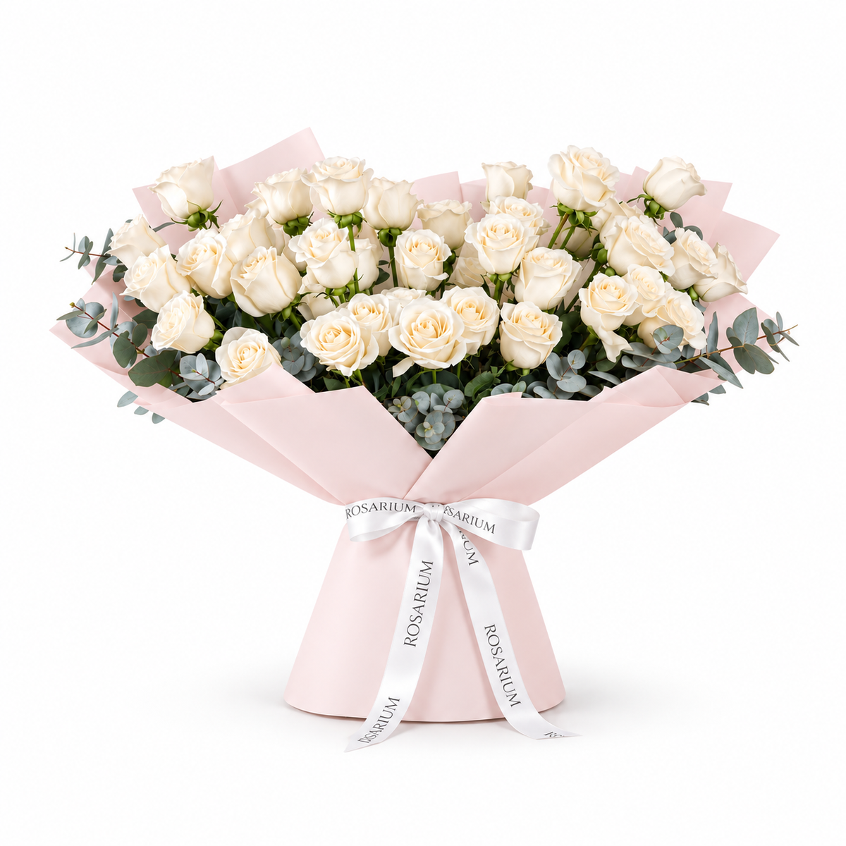 Wide bouquet of white roses and eucalyptus in light pink wrapping with a Rosarium ribbon